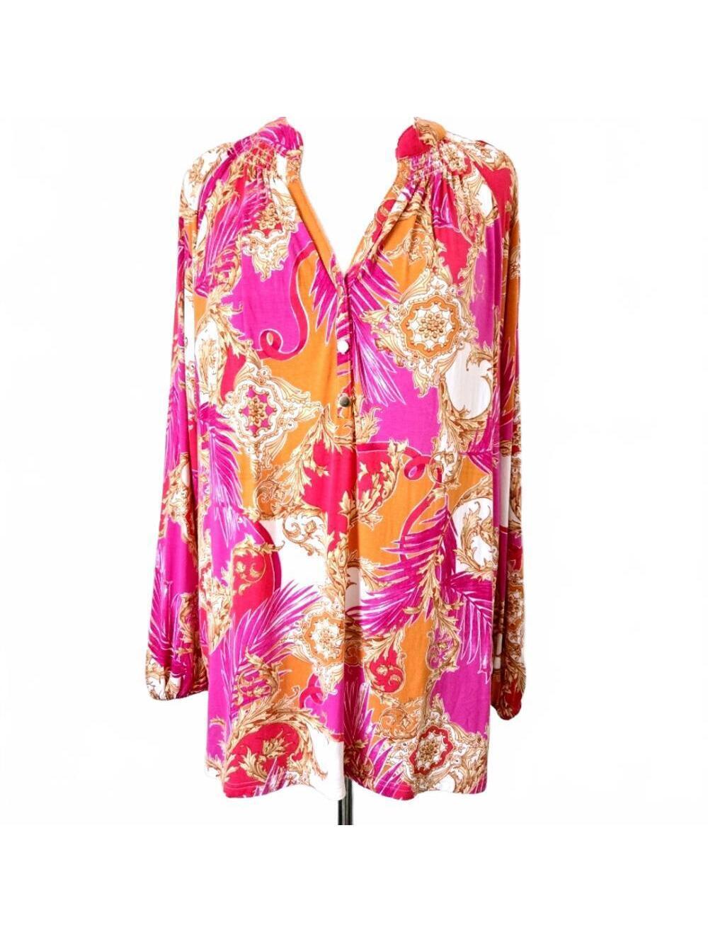Belle Kim Gravel Pink Tropical Fantasy Long Sleeve V-Neck Blouse Size Large